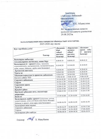 "Айгөлек" бөбекжай-бақшасының  күн тәртібі